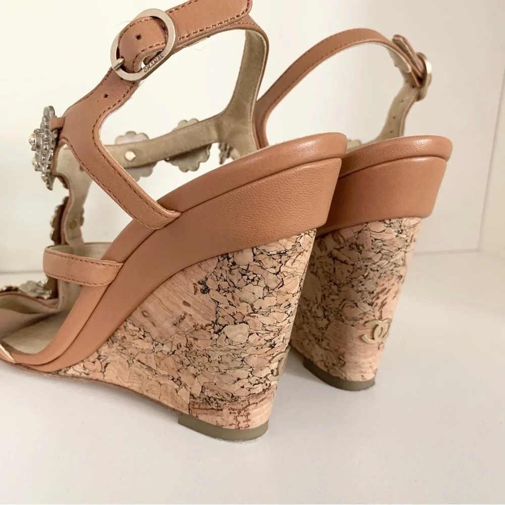 Chanel cc logo camellia charm sandal wedges
